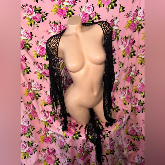 Crochet betsey Johnson extra long fringe tassel cape beaded poncho Shawl wrap OS - Picture 2 of 5